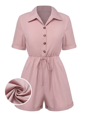 1950s Shirt Neck Lace-Up Solid Romper