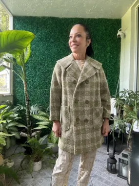 1960s Green Beige Plaid Loose Fit Long Jacket Tweed Coat Jackie O