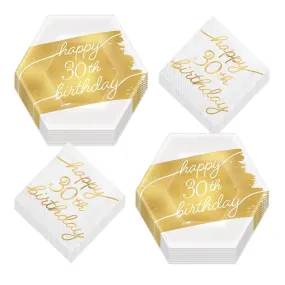 30th Birthday Party Milestone Metallic Golden Age Hexago Plates and Napkins (Serves 16)