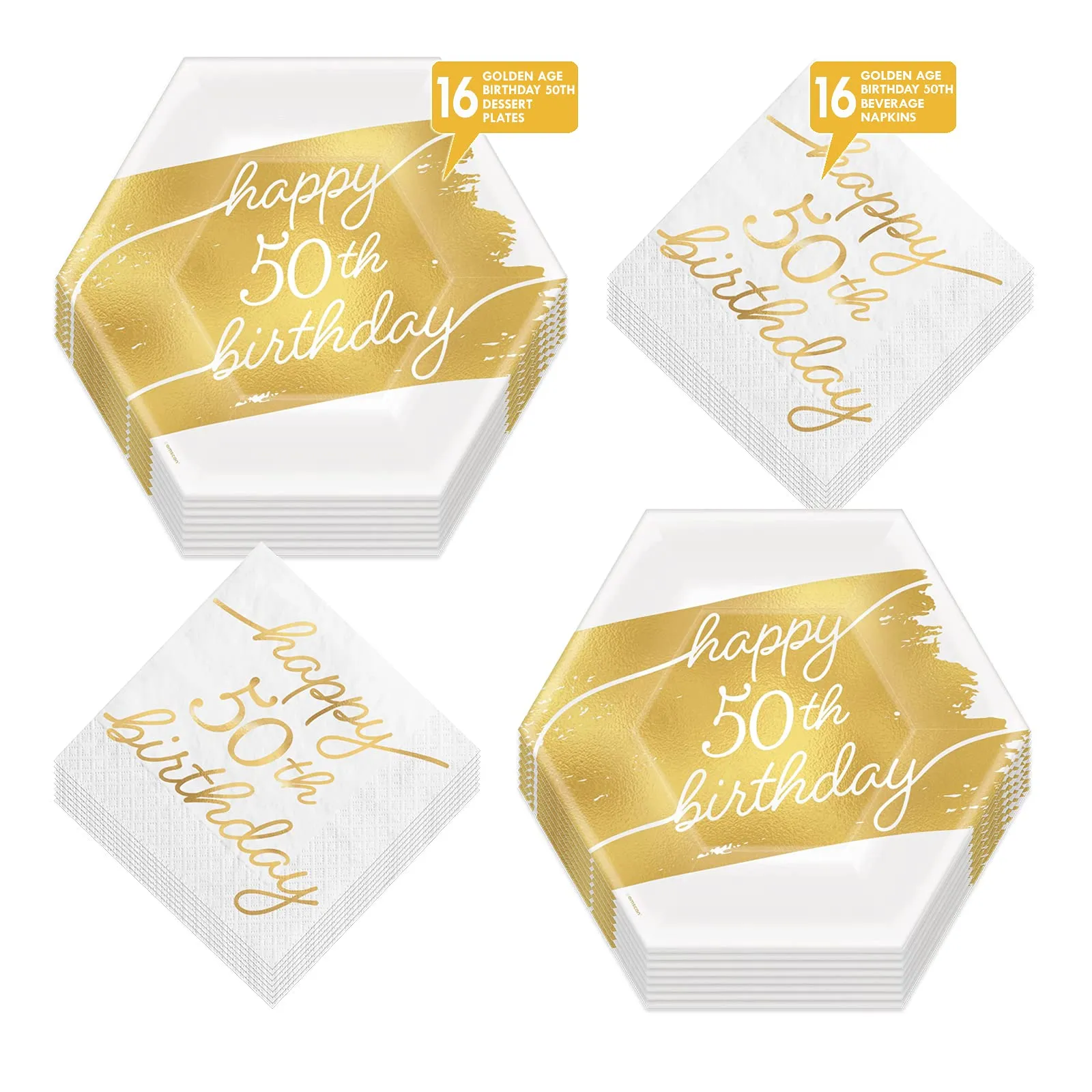 50th Birthday Party Milestone Metallic Golden Age Hexagon Paper Dessert Plates and Napkins (Serves 16)