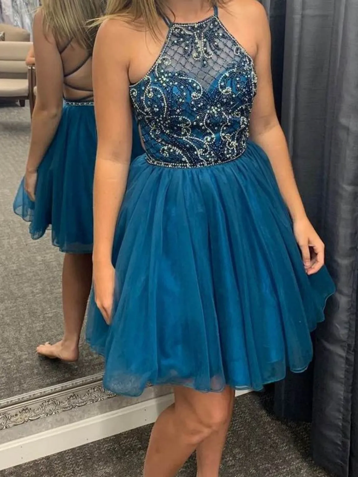 A Line Backless Beaded Short Blue Prom Dresses, Blue Homecoming Dresses, Beaded Formal Evening Dresses SP2296