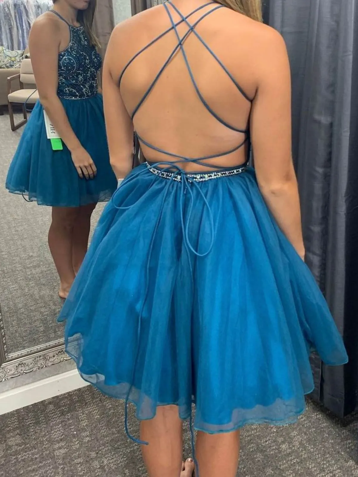 A Line Backless Beaded Short Blue Prom Dresses, Blue Homecoming Dresses, Beaded Formal Evening Dresses SP2296