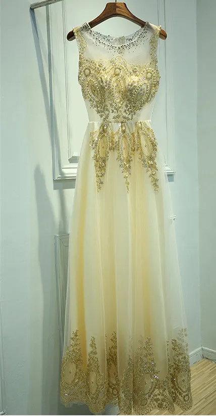 A Line Round Neck Lace Golden Prom Dress, Golden Formal Dress