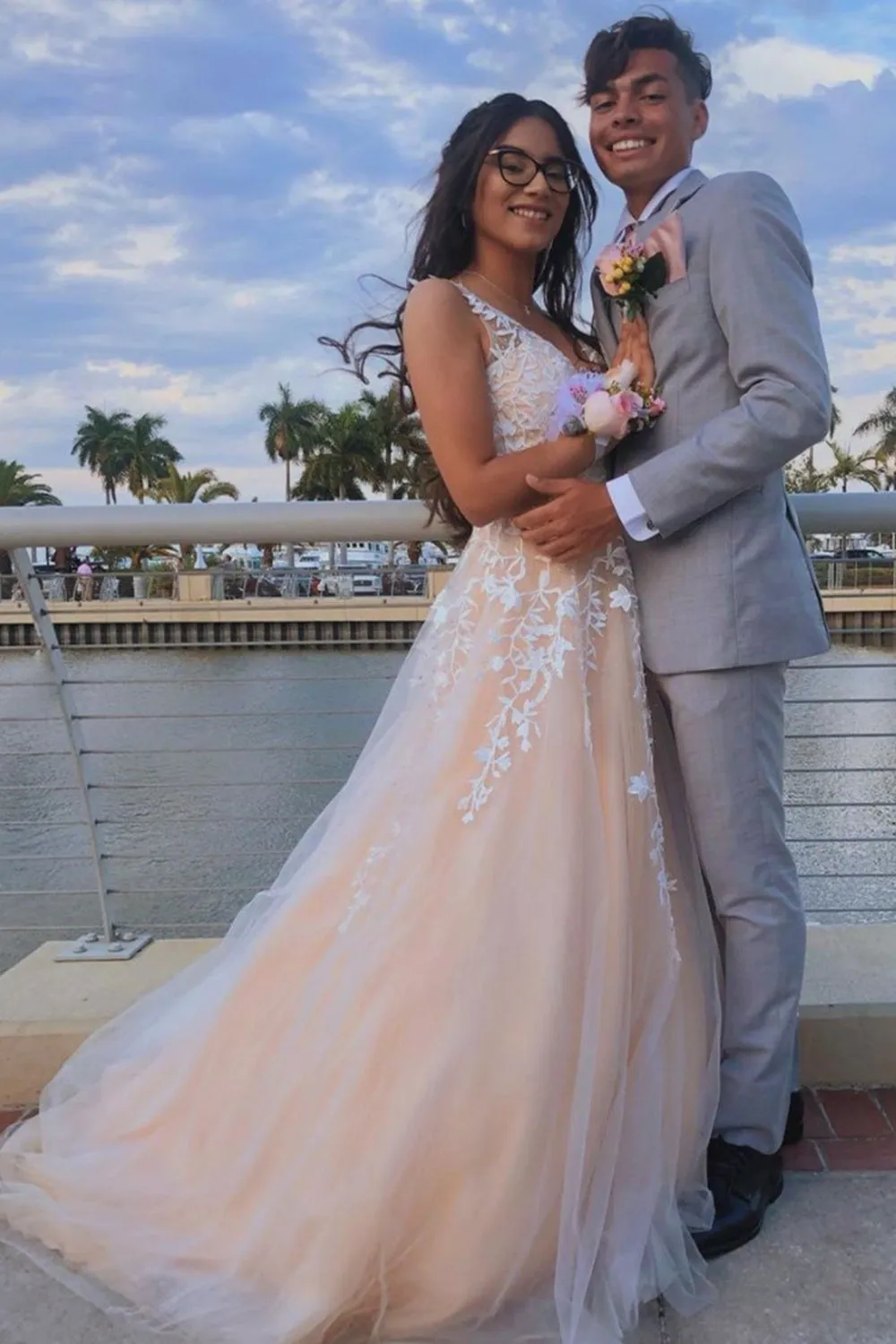 A Line V Neck Pink Lace Long Prom Dress with Belt, Pink Lace Formal Dress, Pink Evening Dress