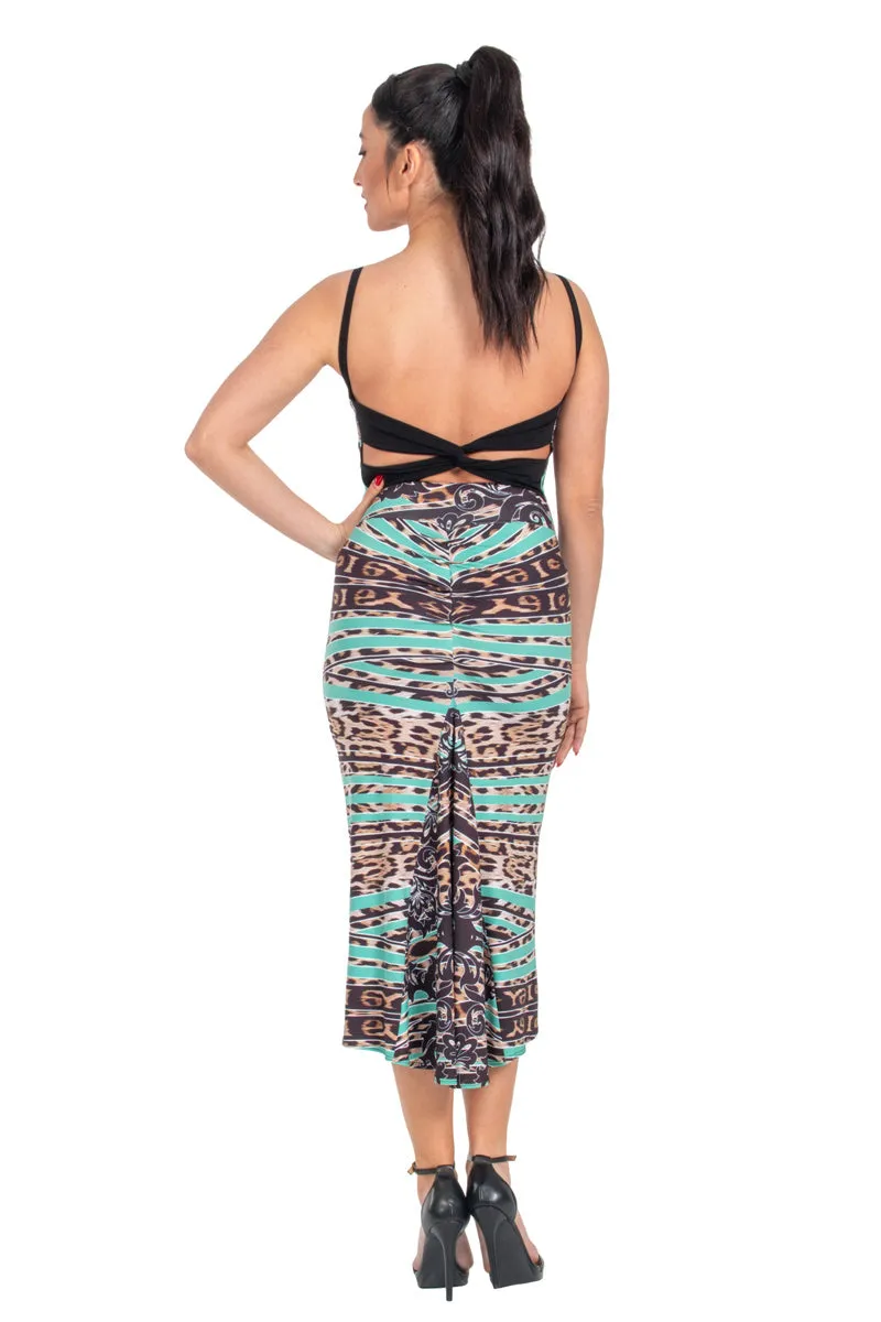 Abstract Animal Print Low Back Midi Fishtail Dress