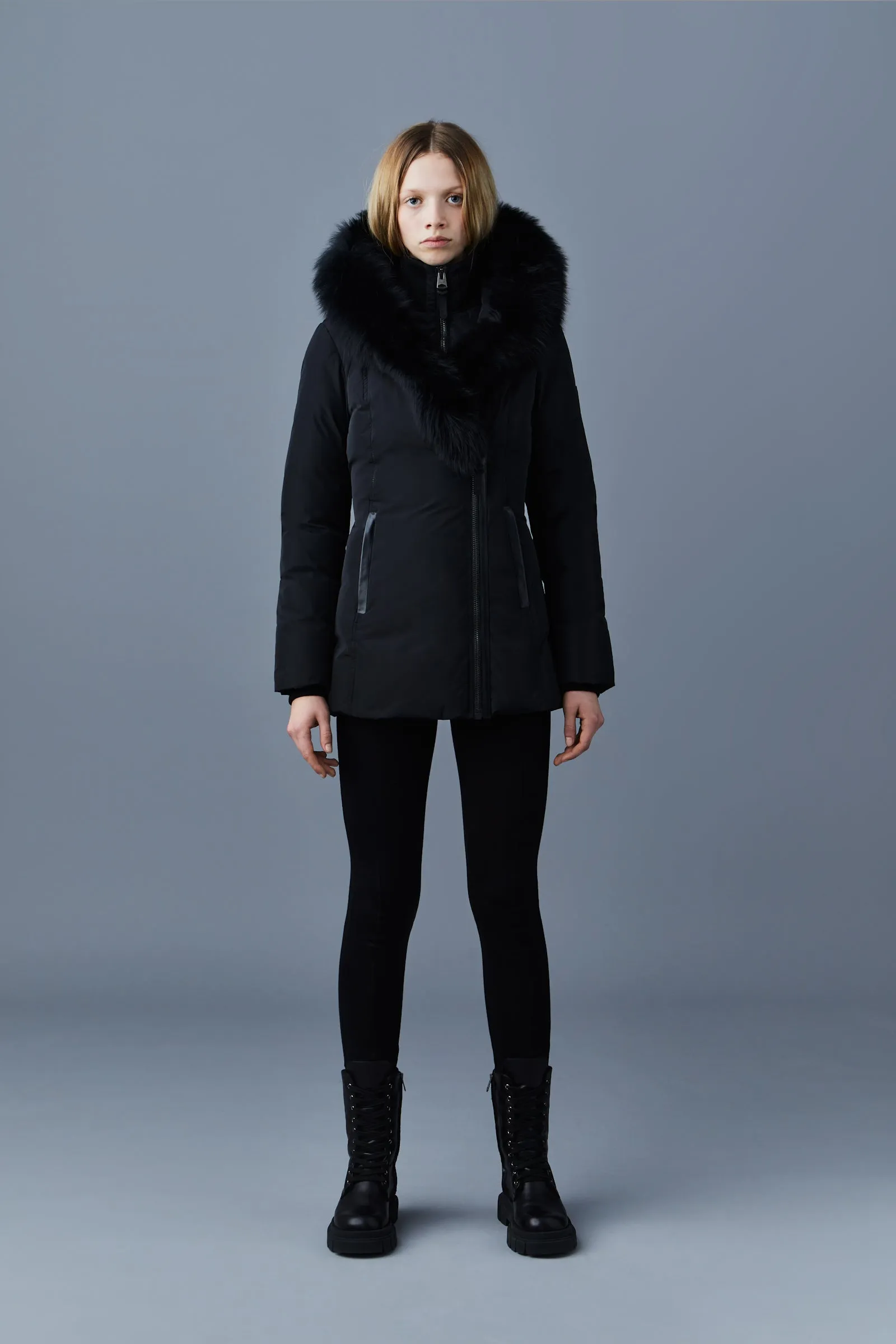 ADALI Down coat with blue fox fur Signature Mackage Collar Black