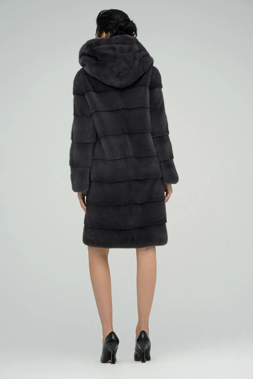 Anthracite Hooded Mink Fur Maxi Coat