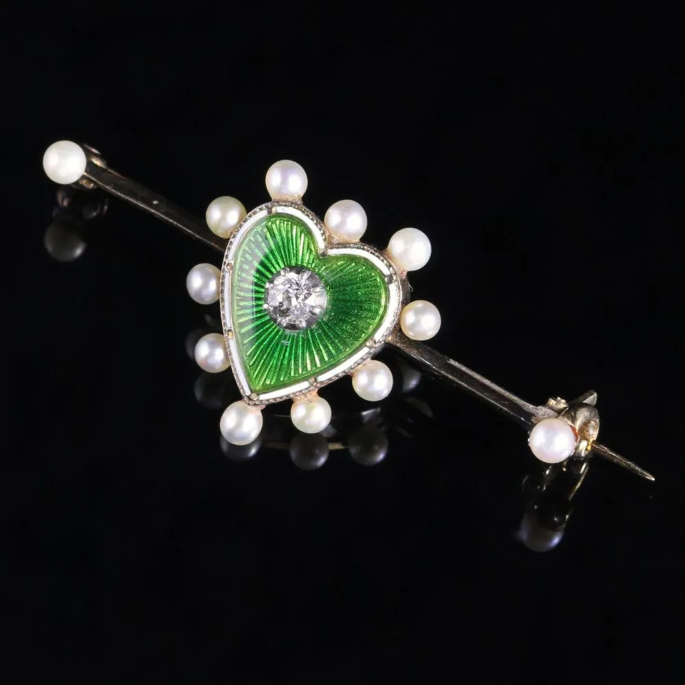 Antique Edwardian Heart Brooch Enamel Pearl Diamond Gold Circa 1915