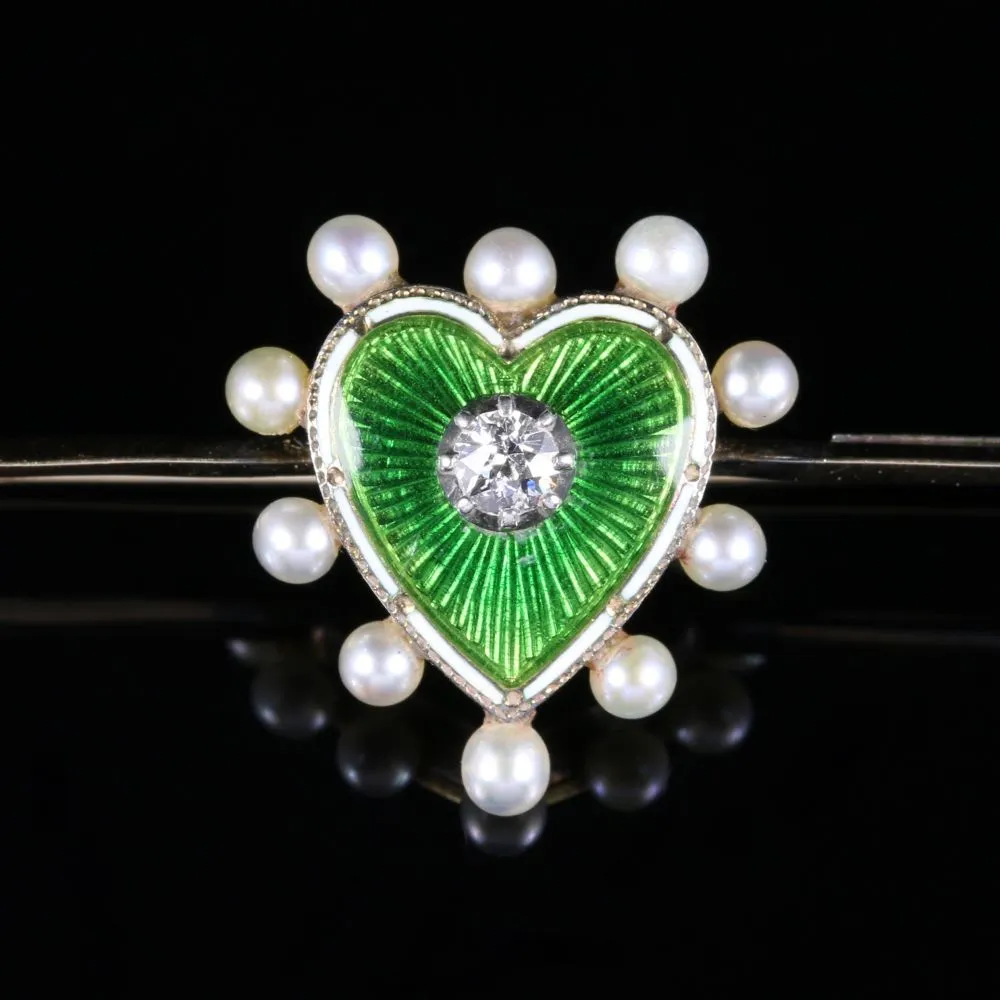 Antique Edwardian Heart Brooch Enamel Pearl Diamond Gold Circa 1915