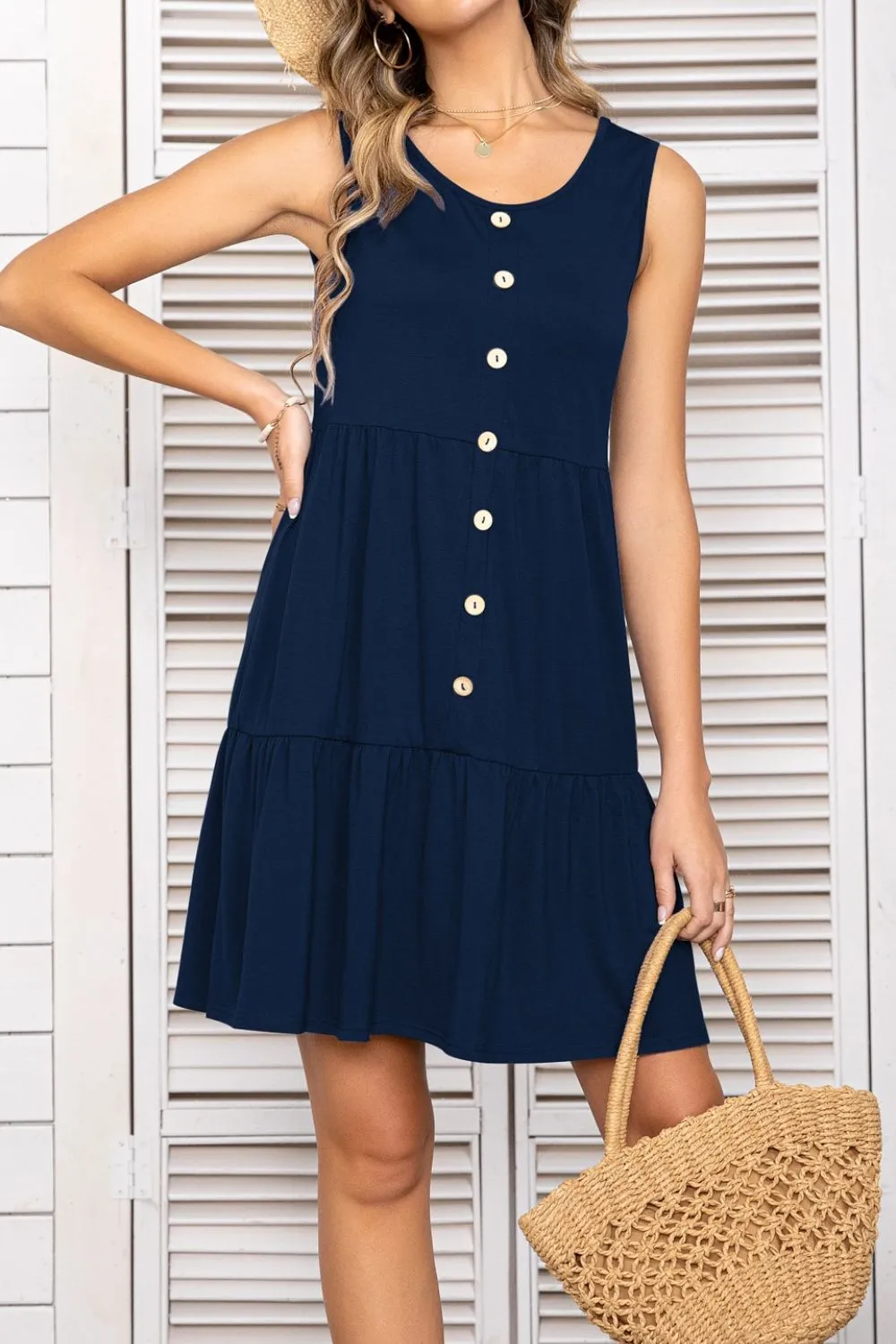 *APP EXCLUSIVE* Button Scoop Neck Sleeveless Tiered Dress