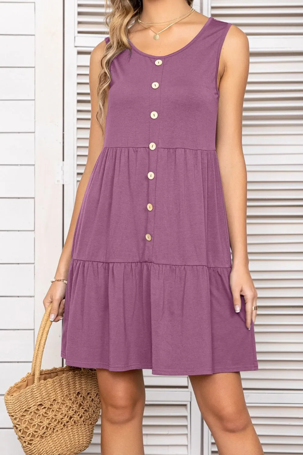 *APP EXCLUSIVE* Button Scoop Neck Sleeveless Tiered Dress