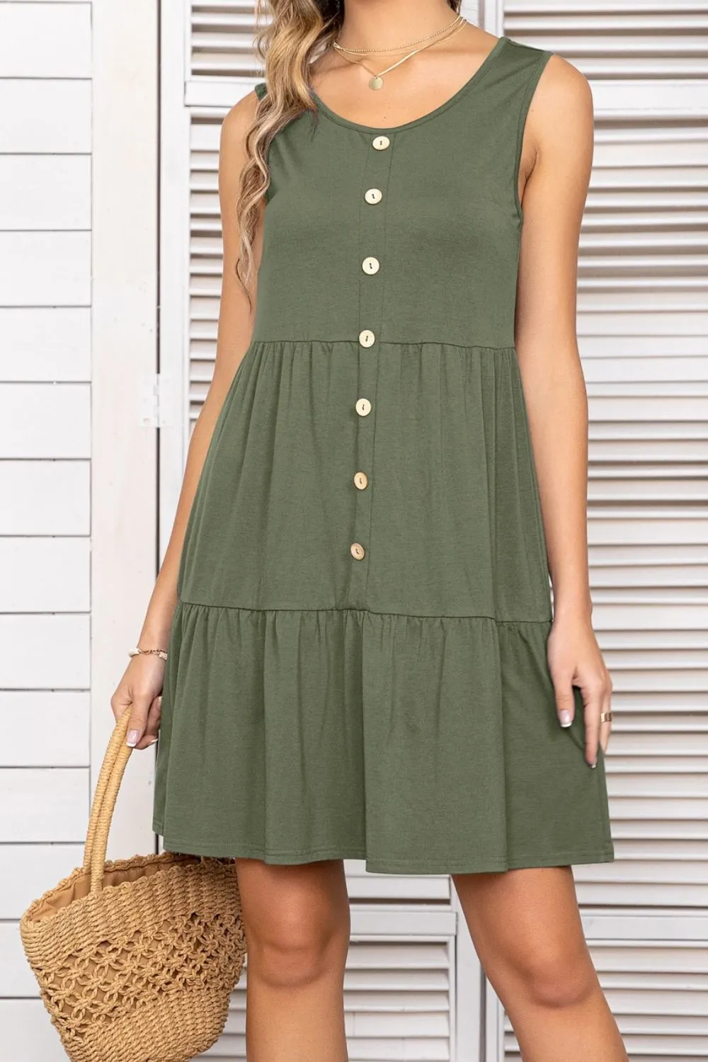 *APP EXCLUSIVE* Button Scoop Neck Sleeveless Tiered Dress