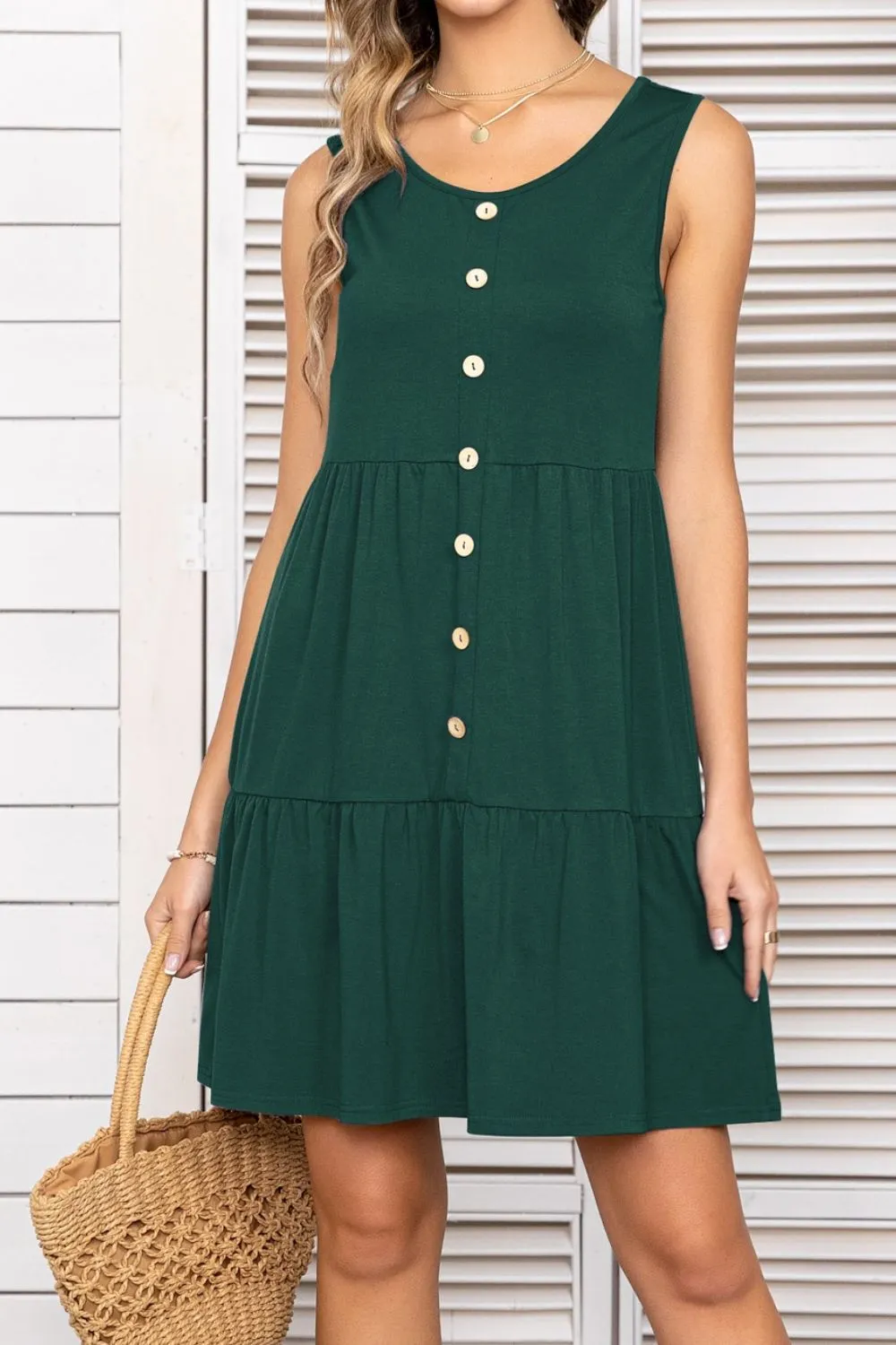 *APP EXCLUSIVE* Button Scoop Neck Sleeveless Tiered Dress