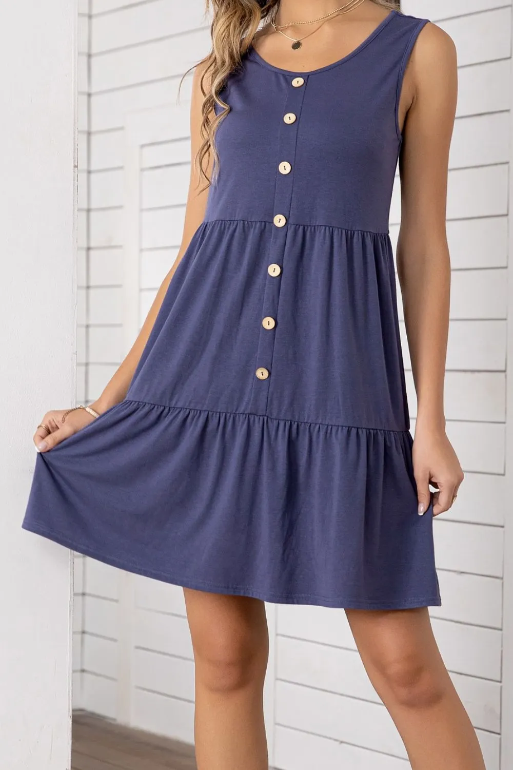 *APP EXCLUSIVE* Button Scoop Neck Sleeveless Tiered Dress