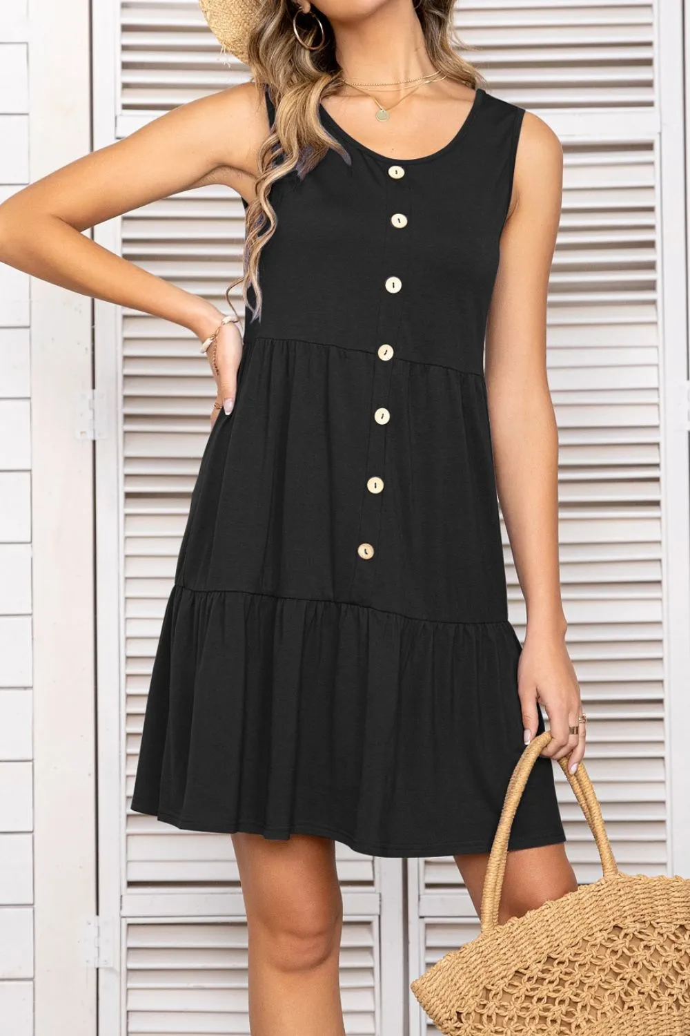 *APP EXCLUSIVE* Button Scoop Neck Sleeveless Tiered Dress