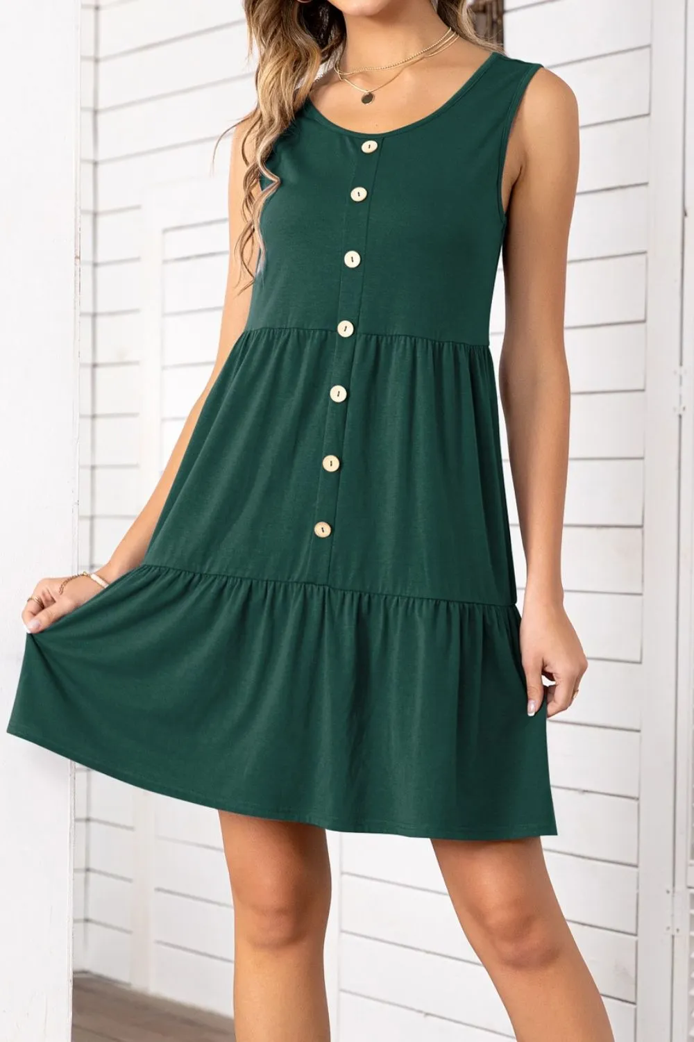 *APP EXCLUSIVE* Button Scoop Neck Sleeveless Tiered Dress