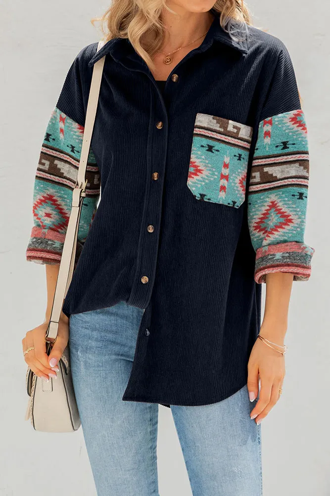 Aztec Pattern Sleeve Pocketed Corduroy Shirt