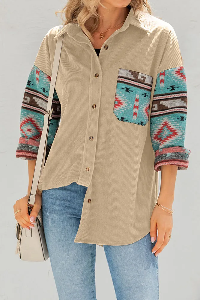 Aztec Pattern Sleeve Pocketed Corduroy Shirt