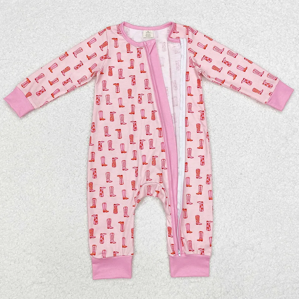 Baby Infant Girls Rompers Western Pink Boots Bamboo Zip Rompers LR1843