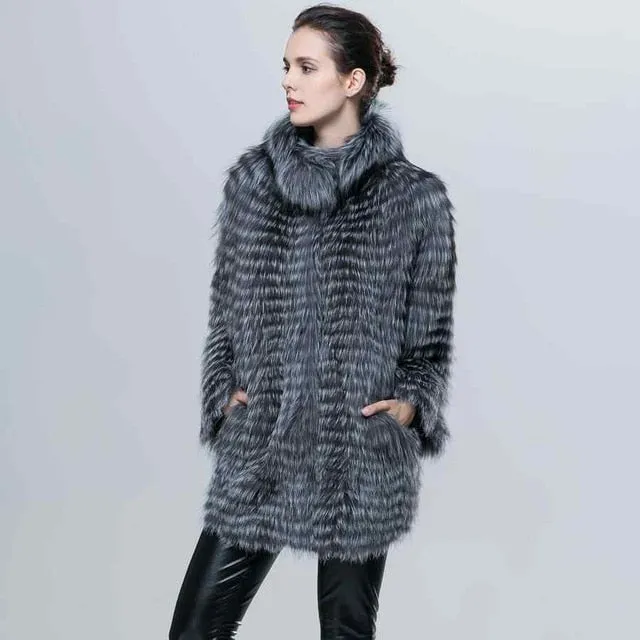 Bat Sleeved  Genuine Silver Fox Fur Coat