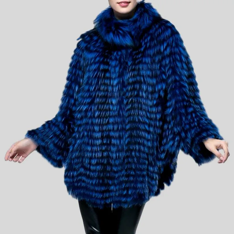 Bat Sleeved  Genuine Silver Fox Fur Coat