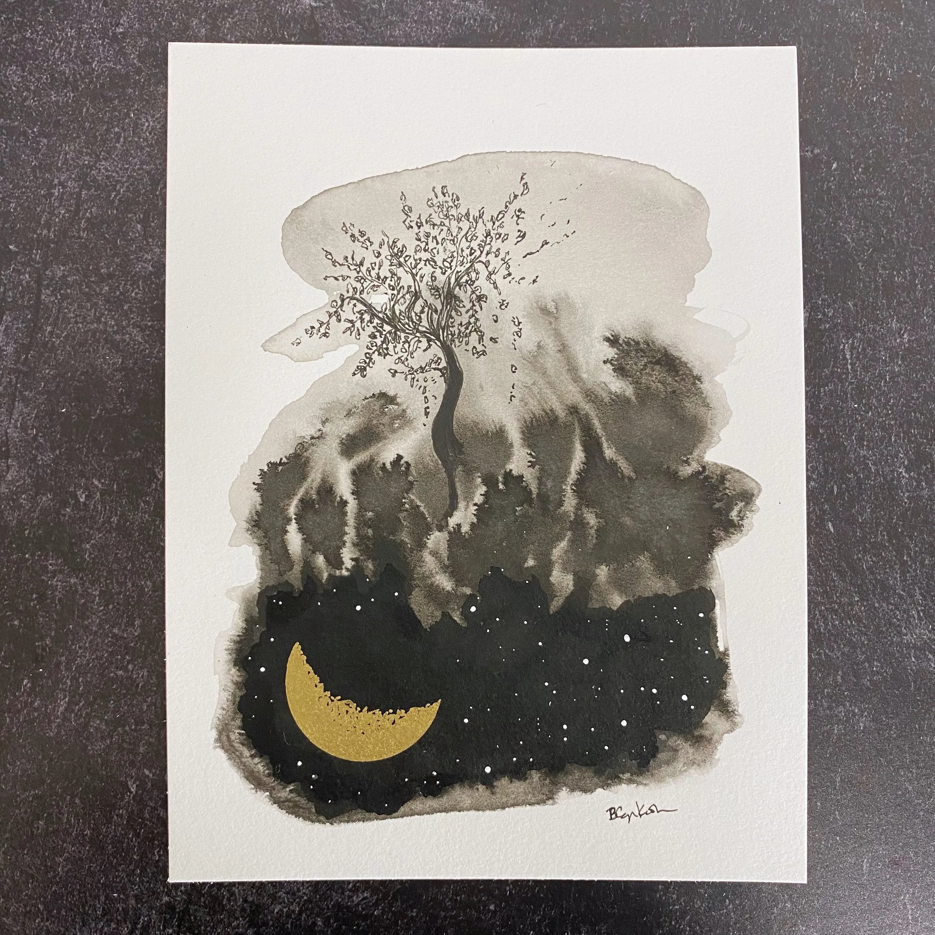 Beauty in the Upside Down 2 - Crescent Moon Original Drawing - 6" x 8"