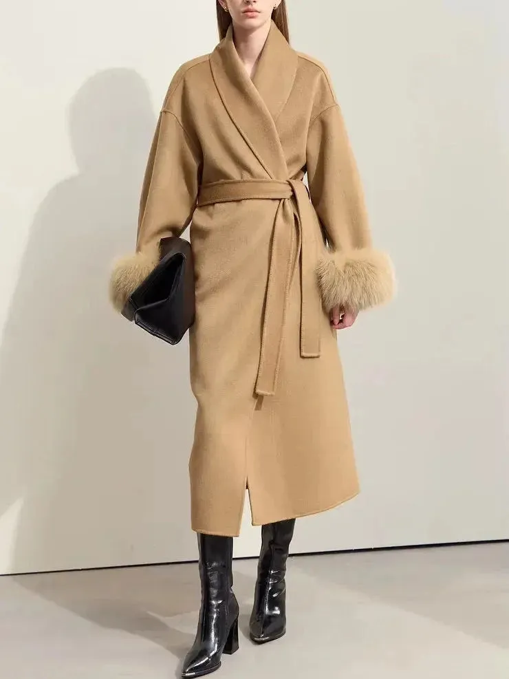 Belted Wrap Wool Coat with Detachable Fox Fur Cuffs in Camel