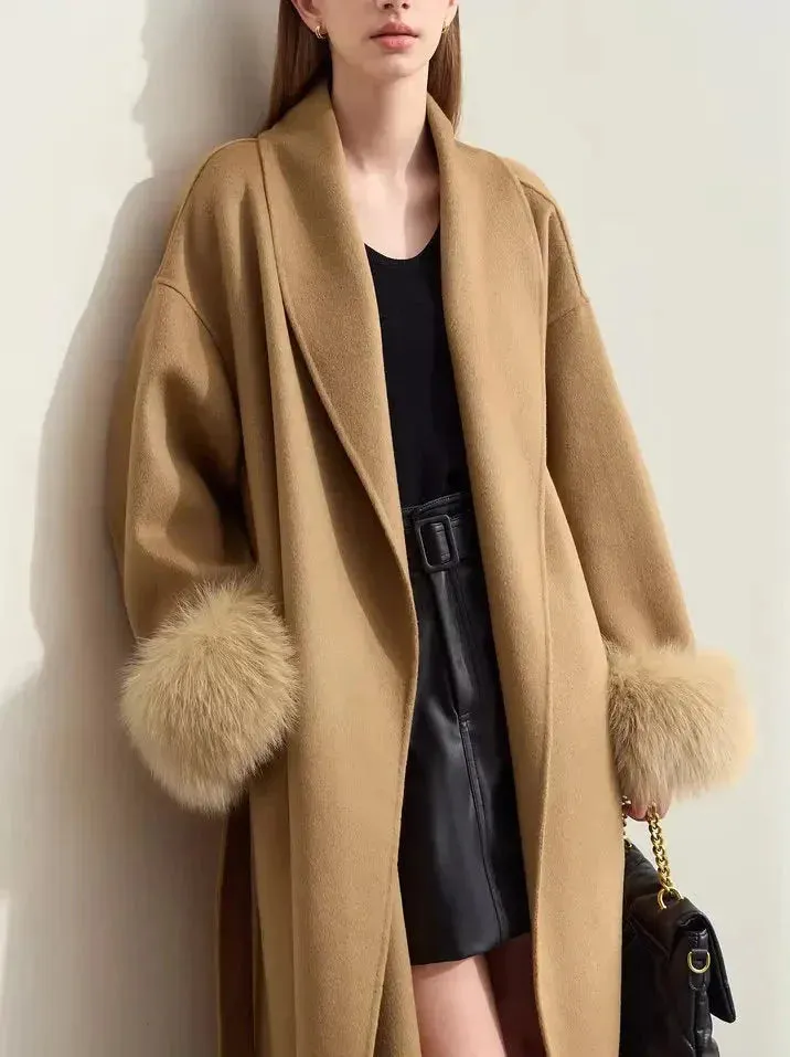 Belted Wrap Wool Coat with Detachable Fox Fur Cuffs in Camel