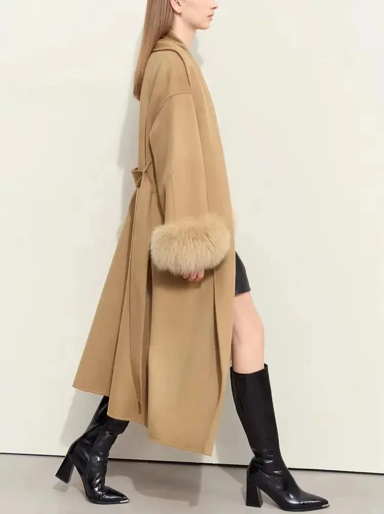 Belted Wrap Wool Coat with Detachable Fox Fur Cuffs in Camel