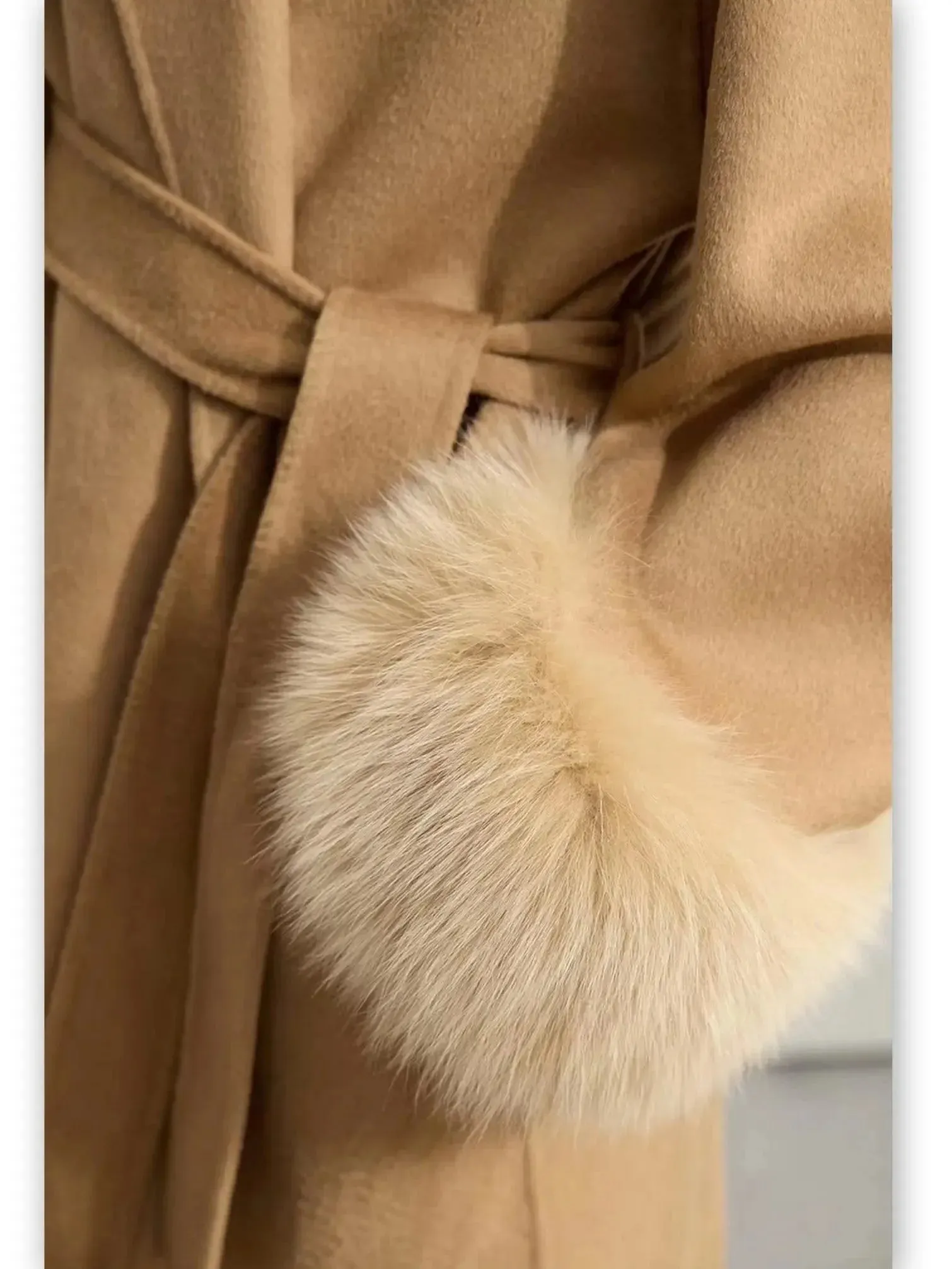 Belted Wrap Wool Coat with Detachable Fox Fur Cuffs in Camel