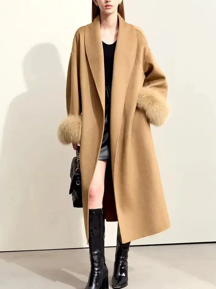 Belted Wrap Wool Coat with Detachable Fox Fur Cuffs in Camel