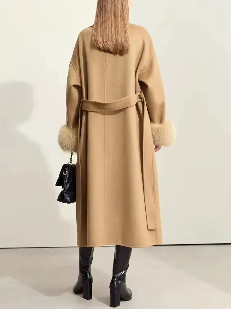 Belted Wrap Wool Coat with Detachable Fox Fur Cuffs in Camel