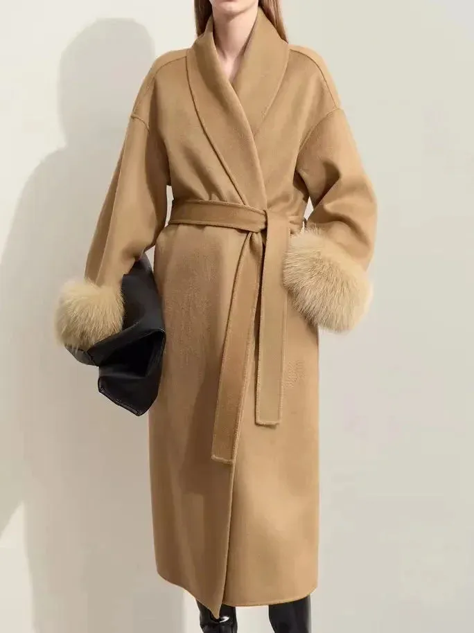 Belted Wrap Wool Coat with Detachable Fox Fur Cuffs in Camel