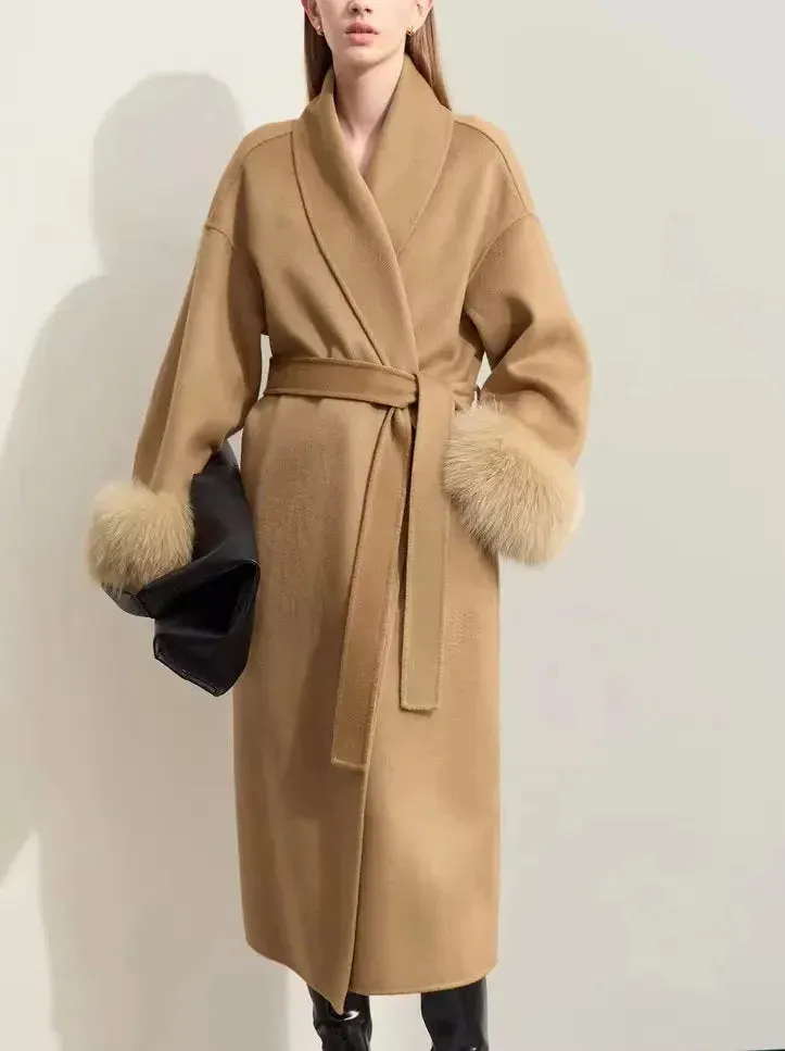 Belted Wrap Wool Coat with Detachable Fox Fur Cuffs in Camel