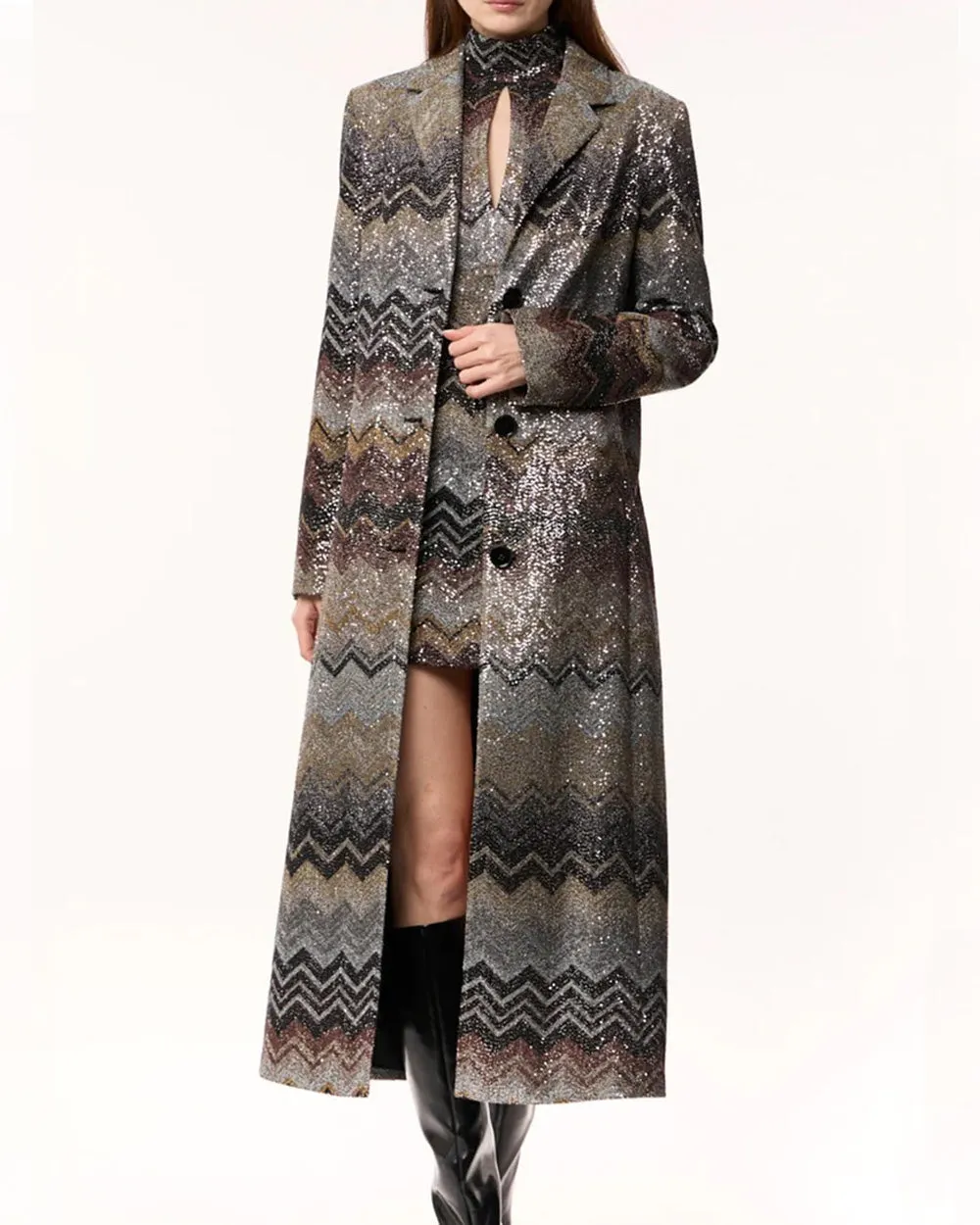 Black and Gold Multicolor Zig Zag Long Coat