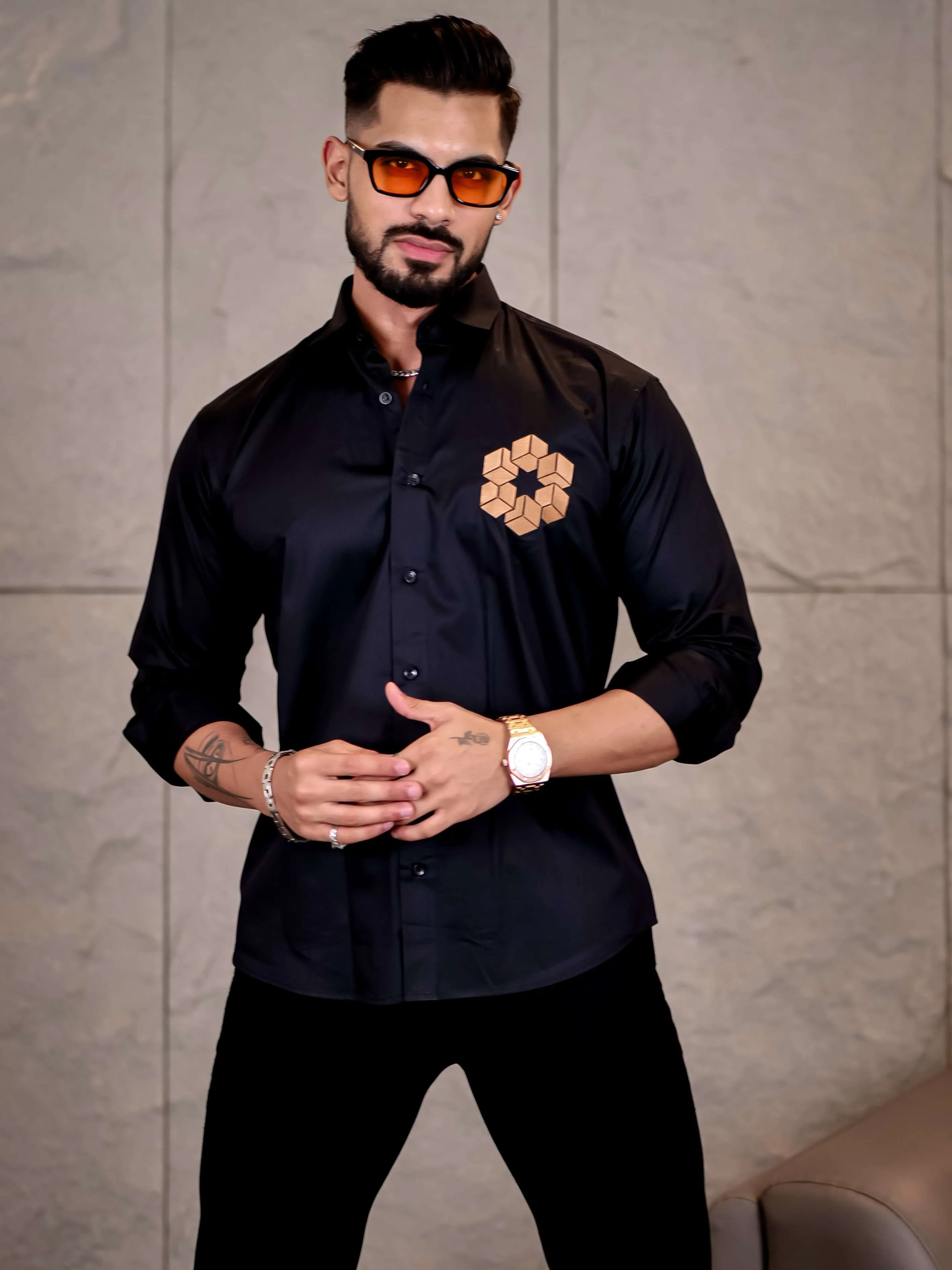 Black Arabian Cube Embroidered Premium Cotton Shirt For Men