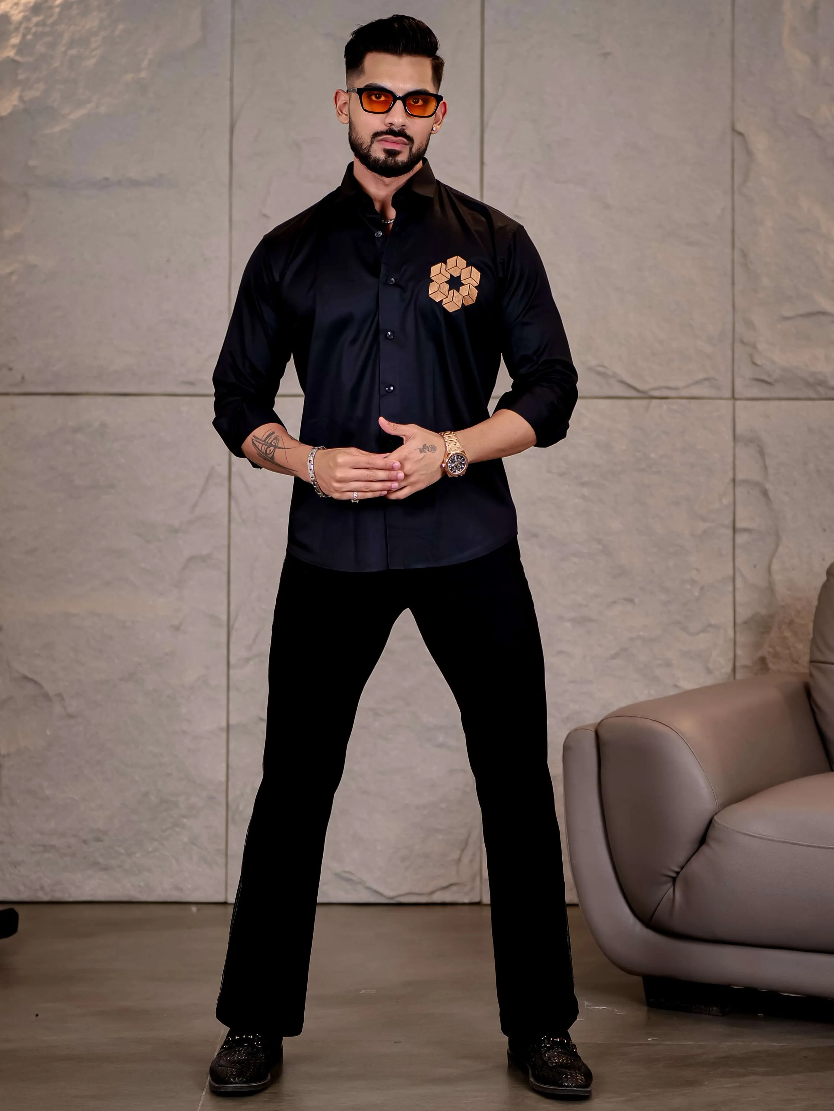 Black Arabian Cube Embroidered Premium Cotton Shirt For Men