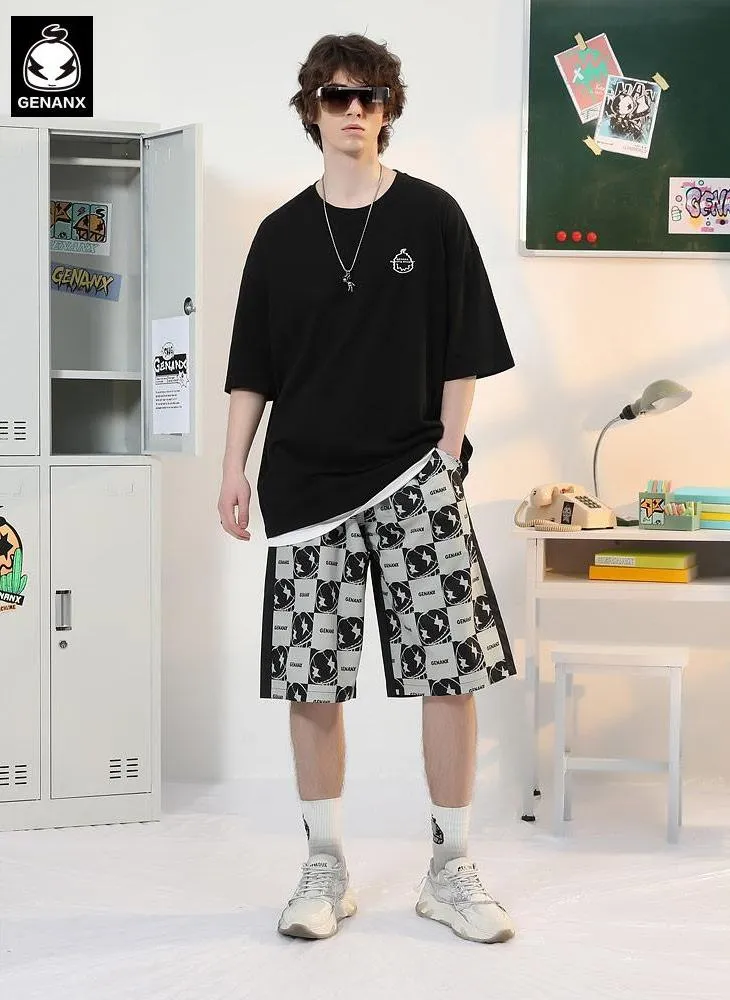 Black Checkerboard Cartoon Print Loose Shorts