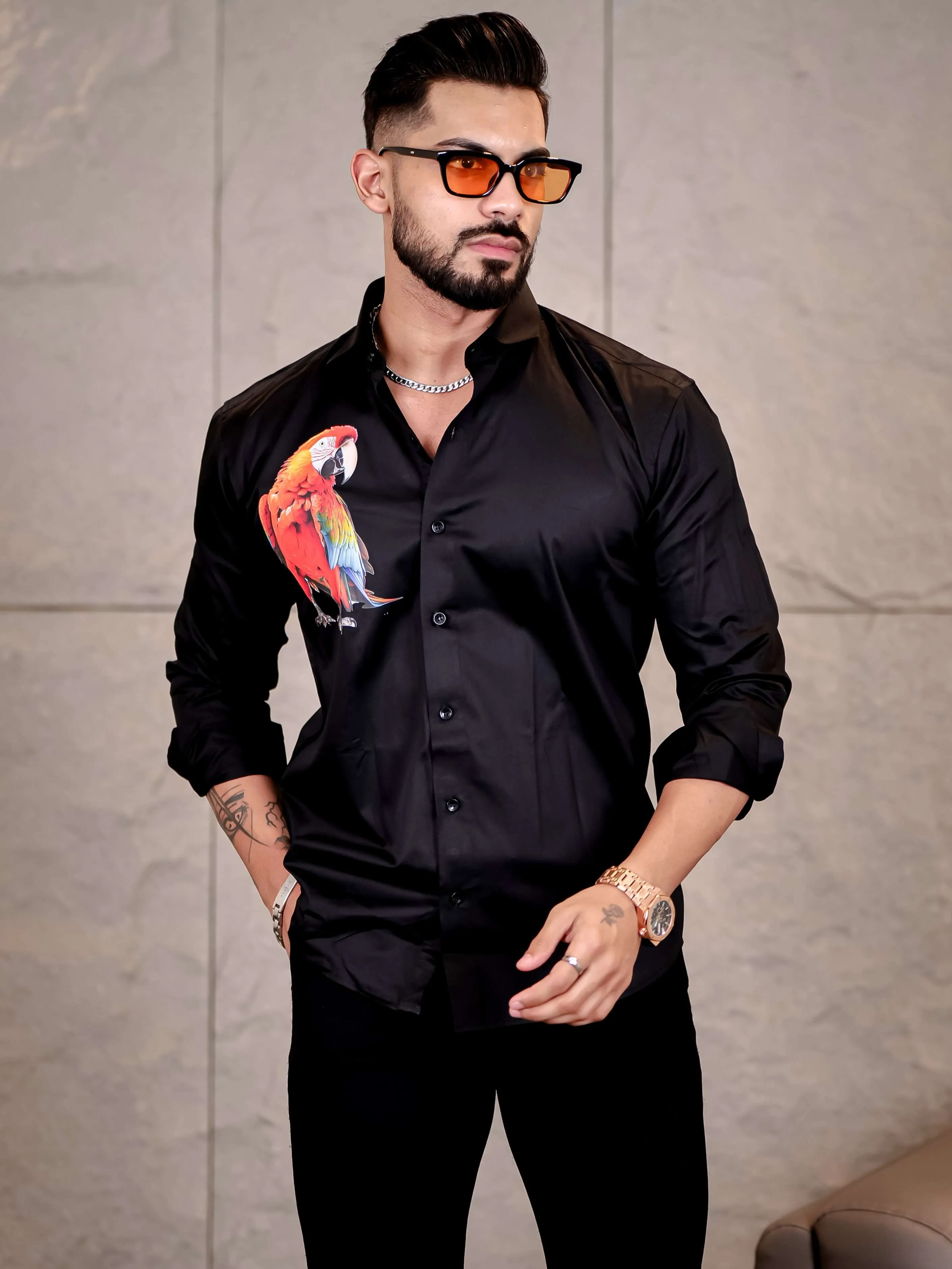 Black Club Wear Perrot Printed Satin Cotton Shirt