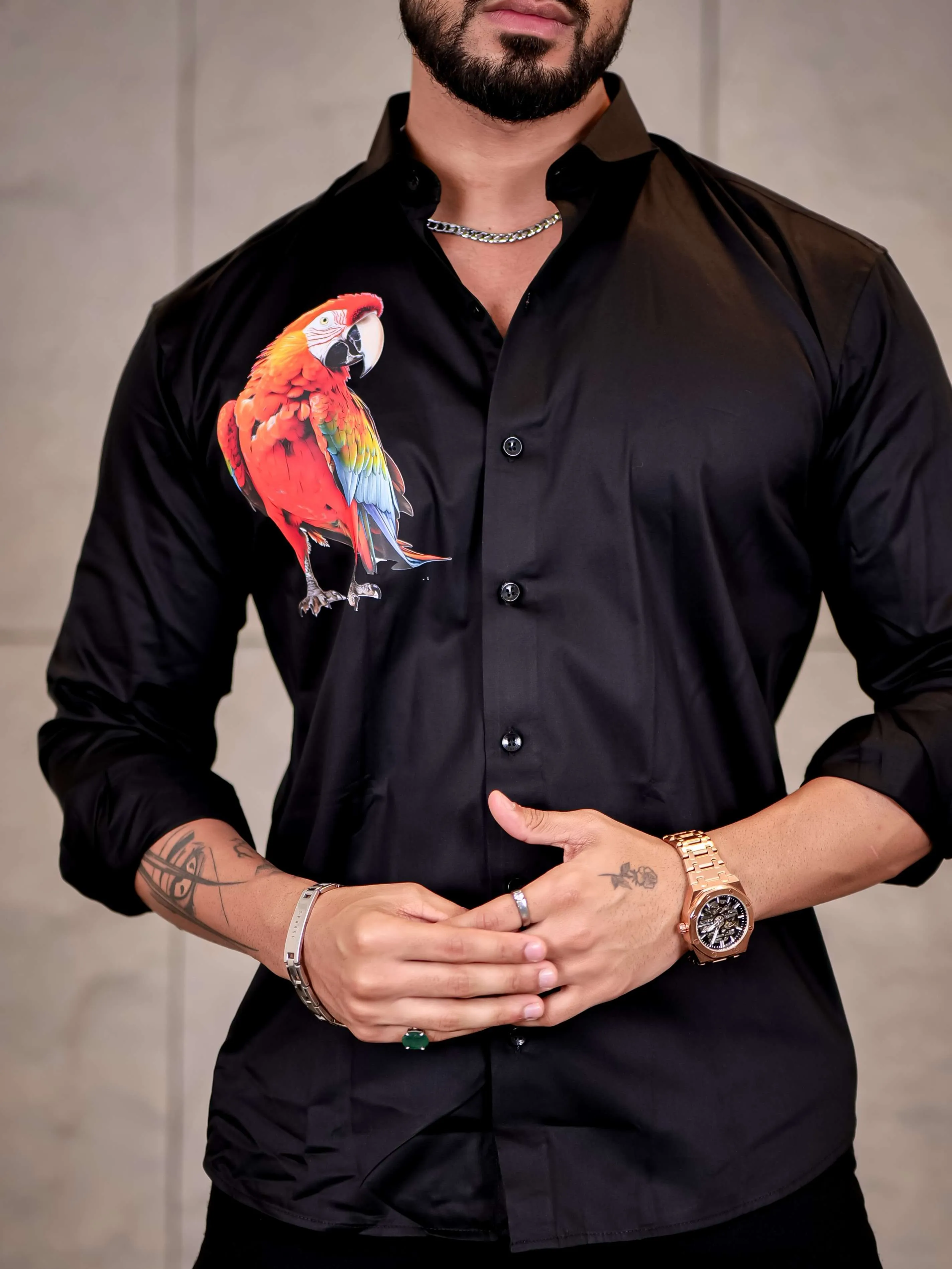 Black Club Wear Perrot Printed Satin Cotton Shirt