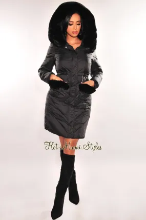 Black Faux Fur Hooded Long Sleeve Parker Puffer Coat Jacket