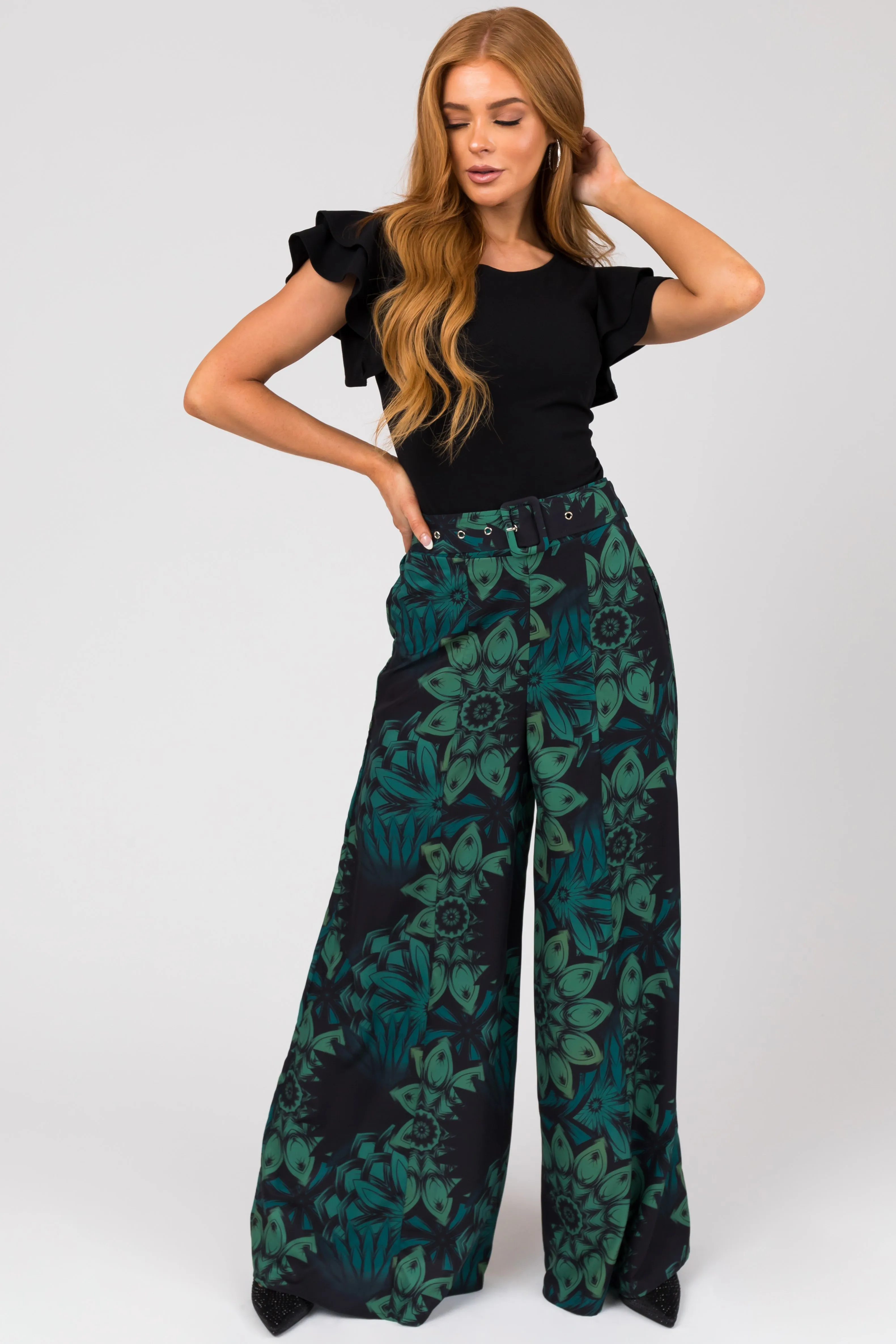 Black Floral Print High Waist Wide Leg Pants