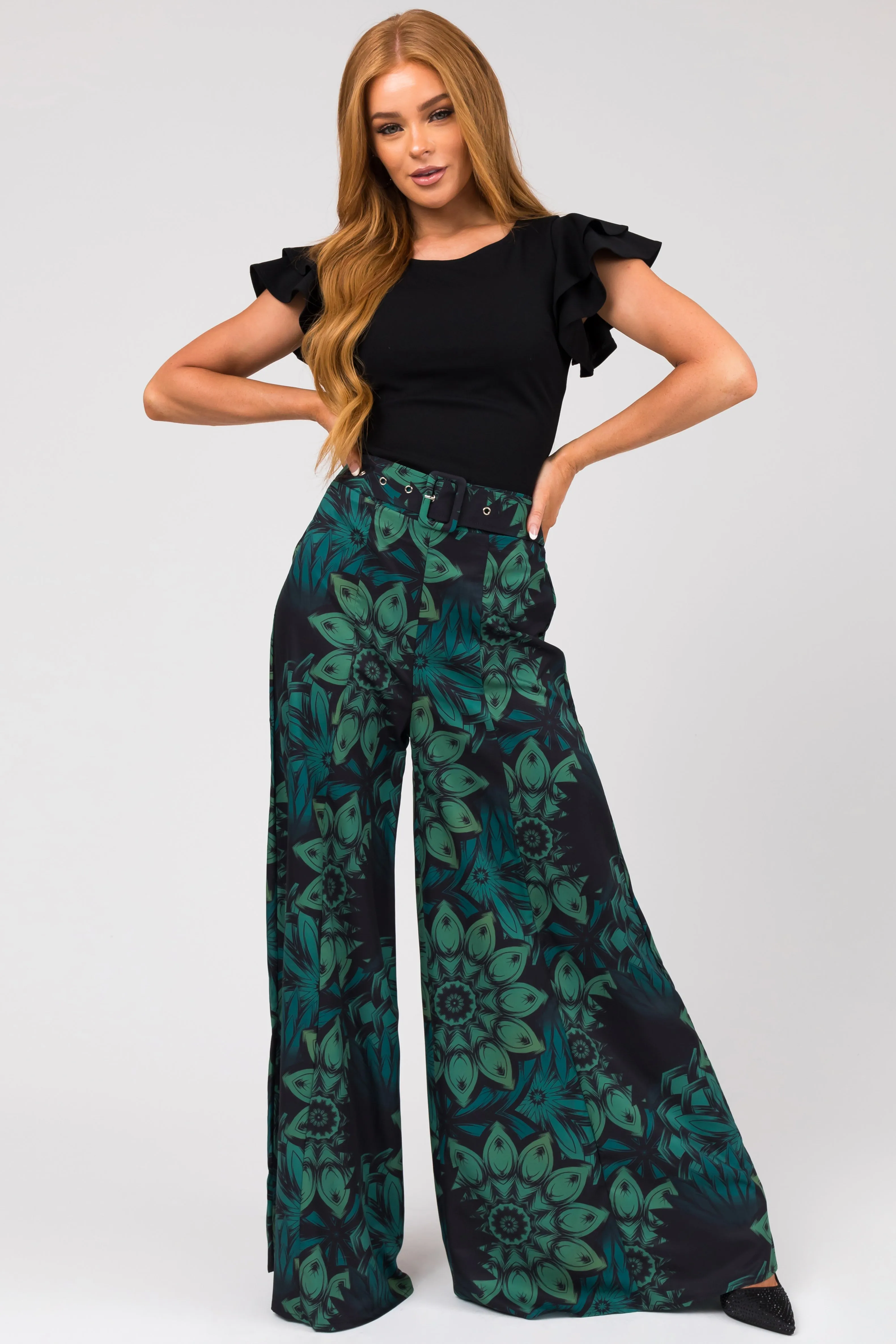 Black Floral Print High Waist Wide Leg Pants