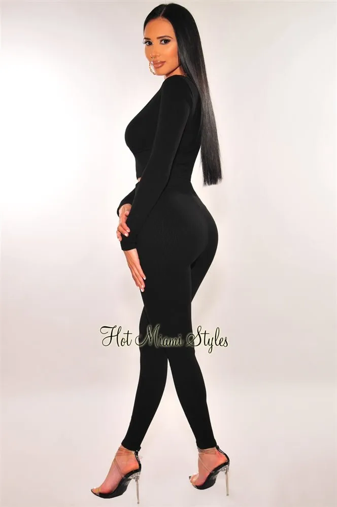 Black Ribbed Knit High Waist Leggings