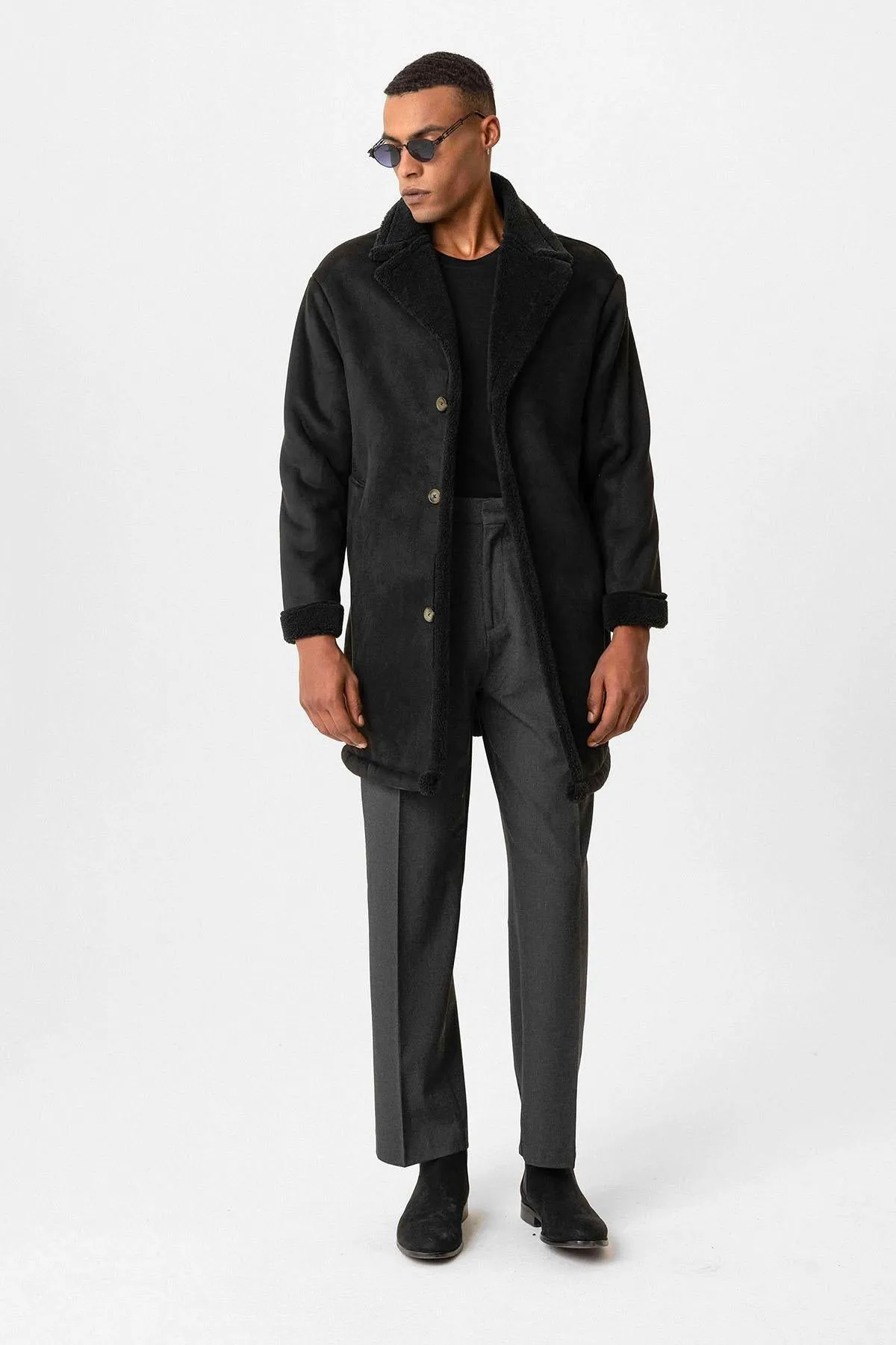 Black Suede-Look Men's Jacket with Lining Detail - Wessi