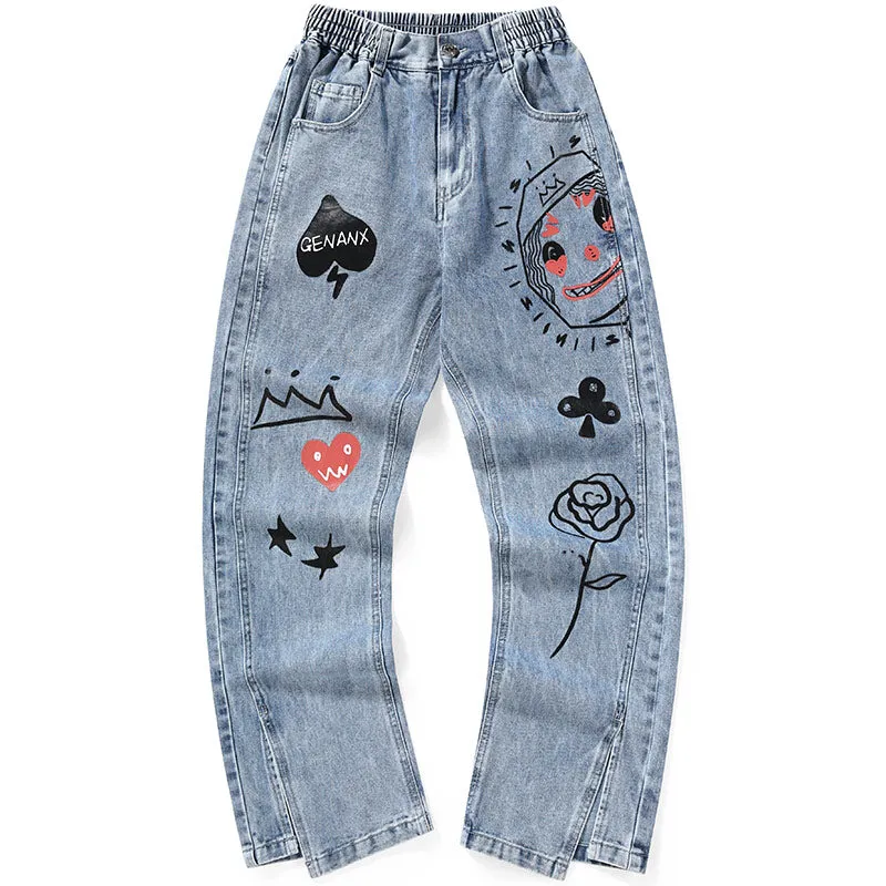 Blue Graffiti High Street Split Straight Jeans