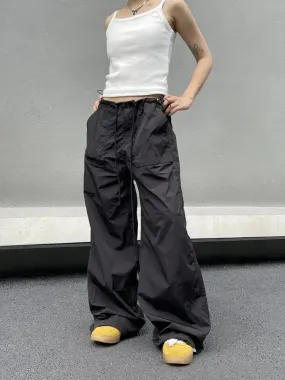 Bonnyshow Black Oversized Parachute Pants Women Wide Cargo Trousers Japanese Style Casual Pleated Joggers Streetwear Vintage Y2k