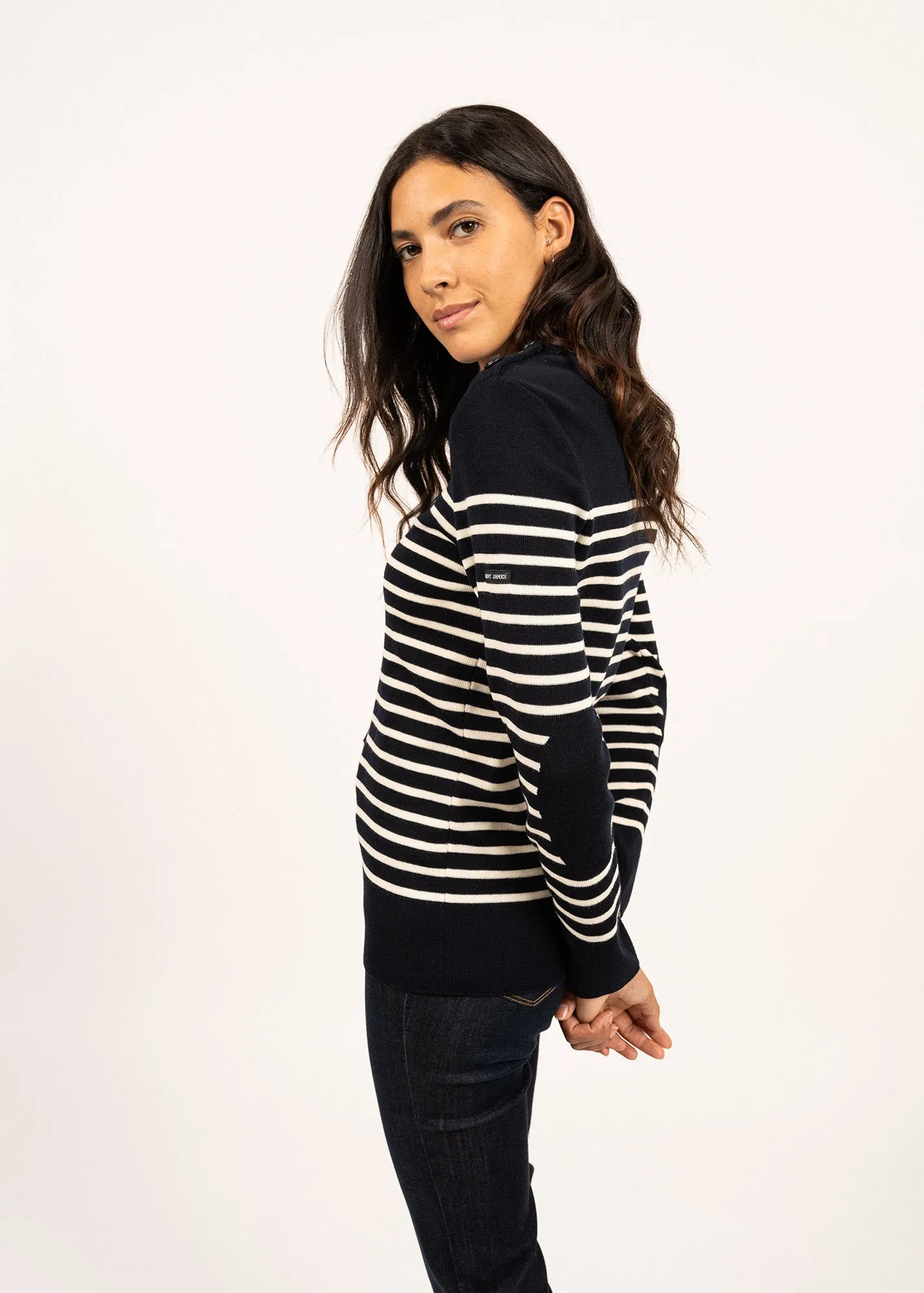 Bregançon striped sailor jumper - solid elbow patches, in wool (NAVY/ECUME)