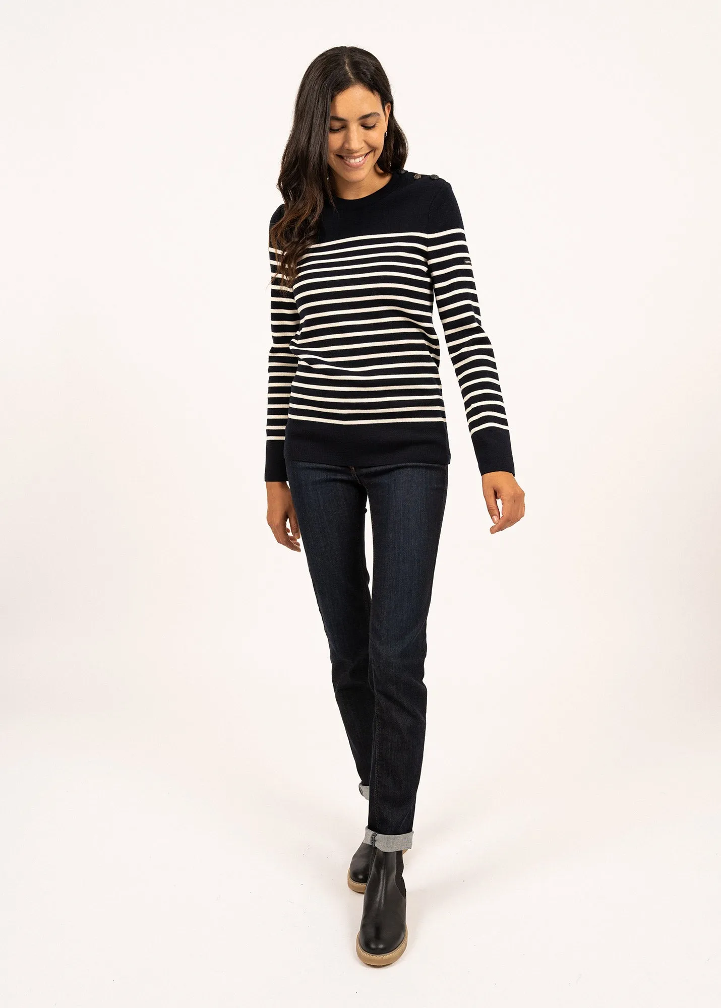 Bregançon striped sailor jumper - solid elbow patches, in wool (NAVY/ECUME)