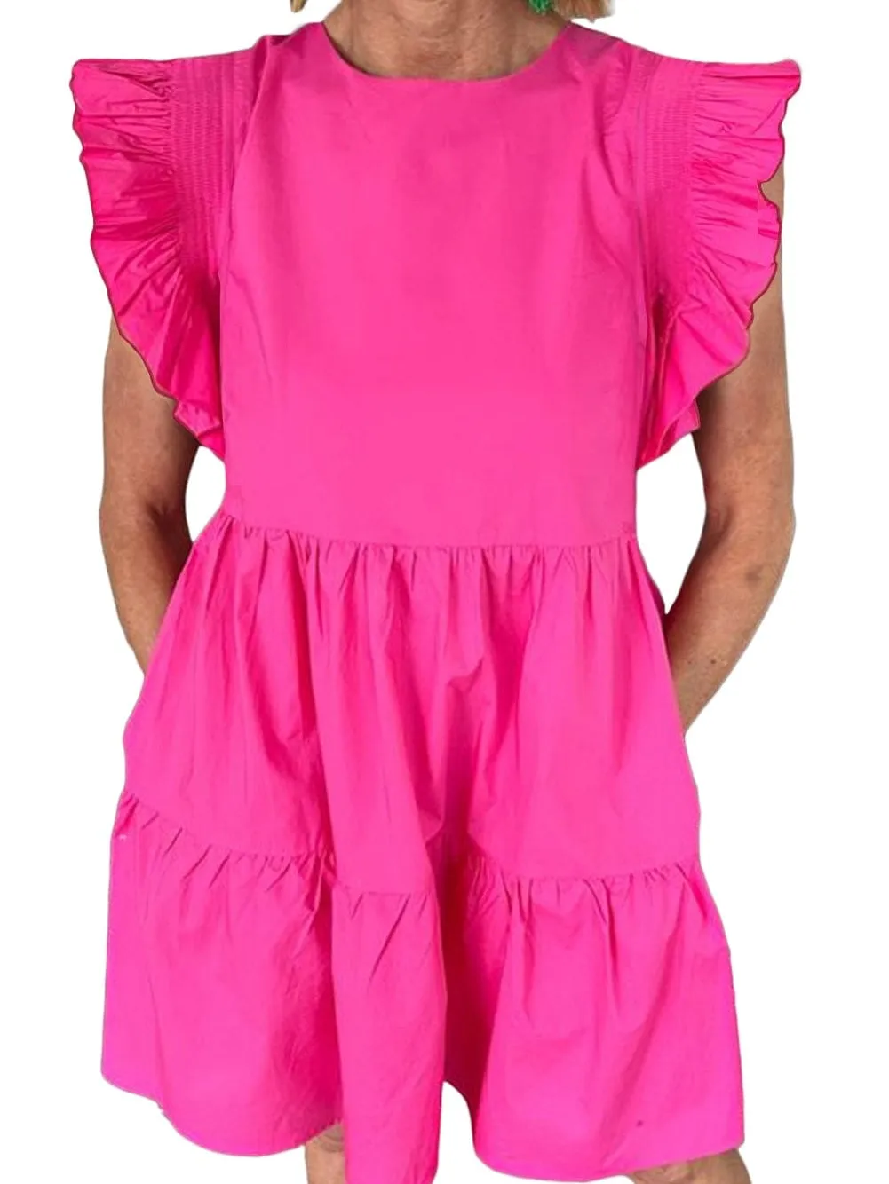 Bright Pink Tiered Babydoll Flutter Mini Dress